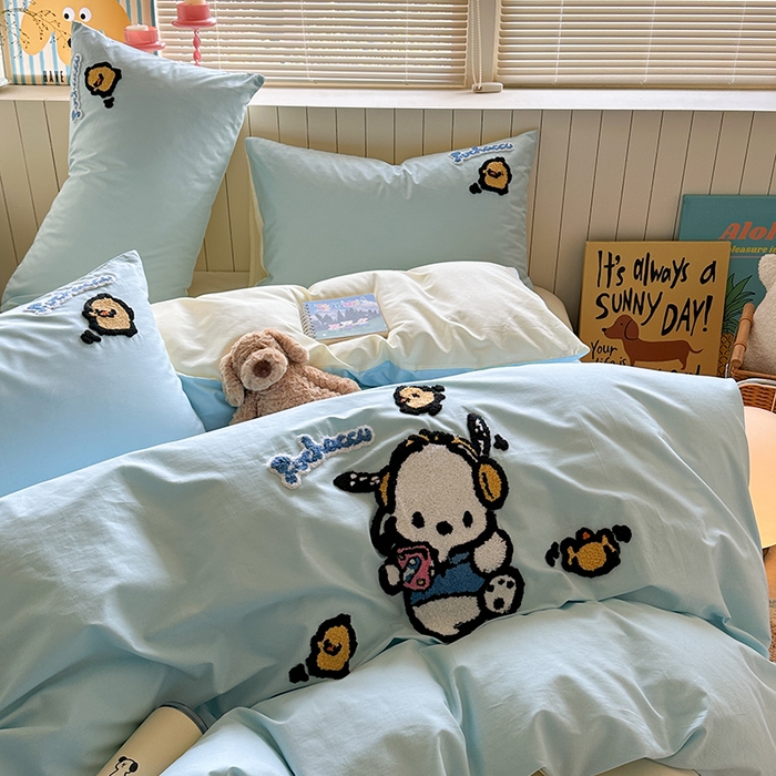 91家纺网 家纺一手货源 找家纺 金爱家 2025新款全棉毛巾绣四件套 毛巾绣-蓝蓝帕哈狗