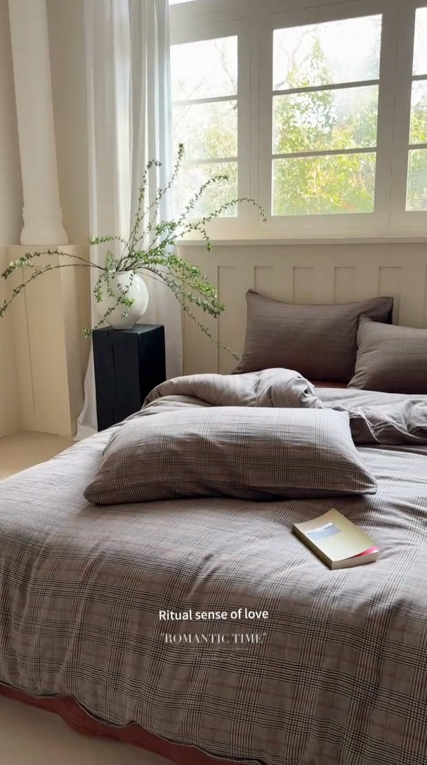 91家纺网 家纺一手货源 找家纺 萝莉家纺 2025新款复古全棉A类色织双层纱皱皱纱格子四件套 浮生咖韵