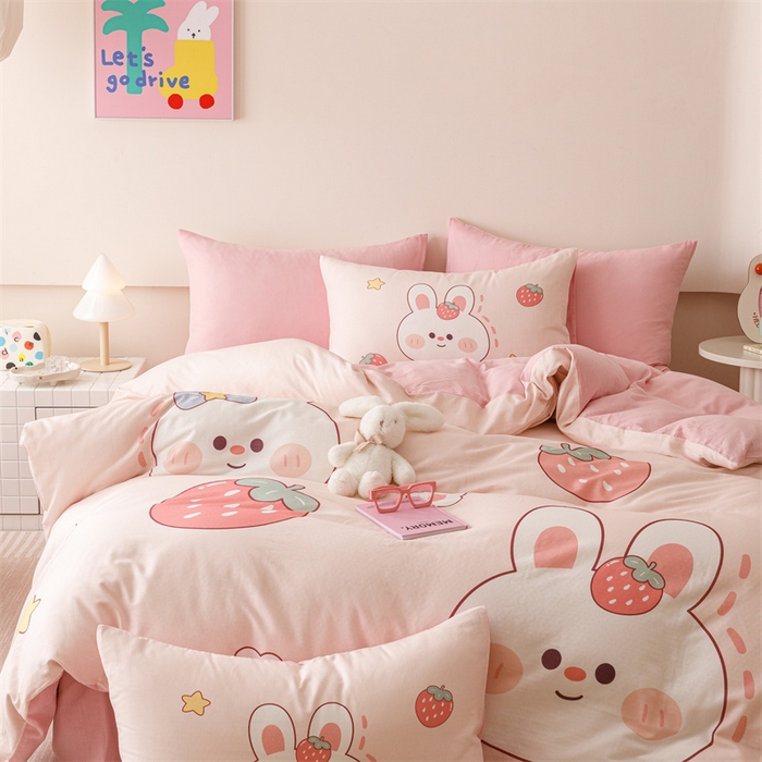 91家纺网 家纺一手货源 找家纺 馨语家居 2025新款全棉双层纱四件套 草莓兔