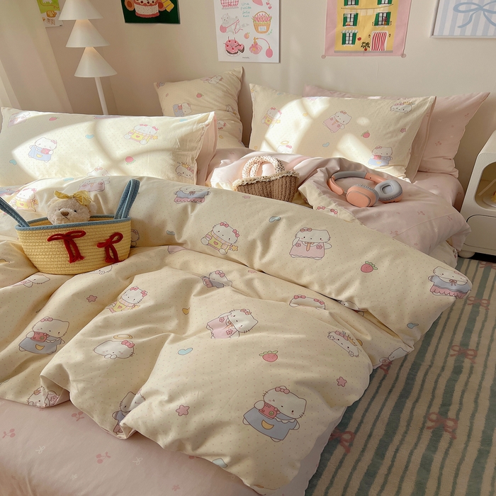 91家纺网 家纺一手货源 找家纺 六巷胡同 2025新款 INS减龄可爱风卡通全棉四件套第五系（森林音乐会系列） 波点嘟嘟猫