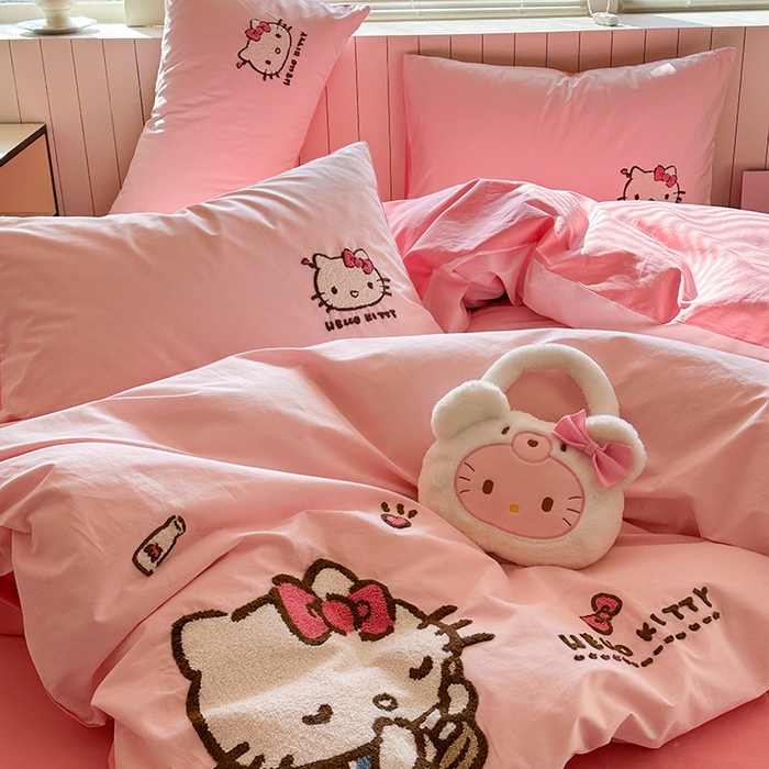 91家纺网 家纺一手货源 找家纺 金爱家 2025新款全棉毛巾绣四件套 毛巾绣-甜粉kt