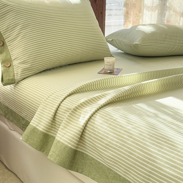 91家纺网 家纺一手货源 找家纺 简宜家居 2025新款宽边纯棉全棉老粗布床单 条纹-绿野宽边