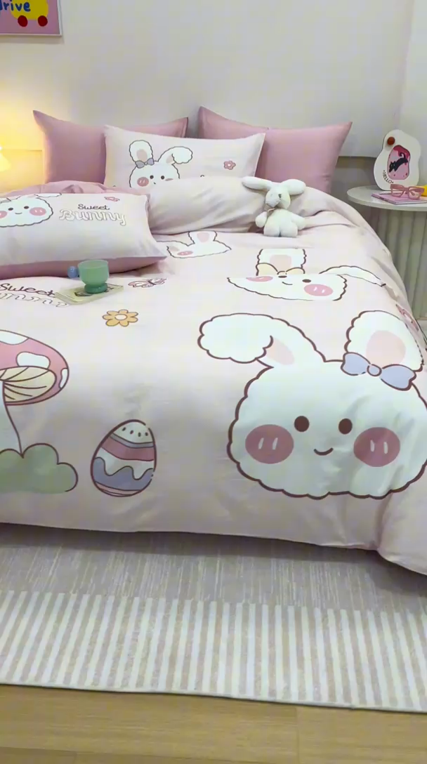 91家纺网 家纺一手货源 找家纺 馨语家居 2025新款全棉双层纱四件套 彩虹蘑菇