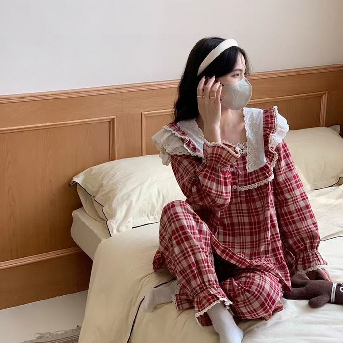 91家纺网 家纺一手货源 找家纺 （总）妍景家居生活馆 2025新款韩系色织棉格子套装酒红