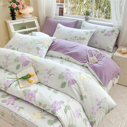 91家纺网 家纺一手货源 找家纺 元元被芯 2025新款40支13372全棉印花全棉夹棉床笠四件套 紫萱