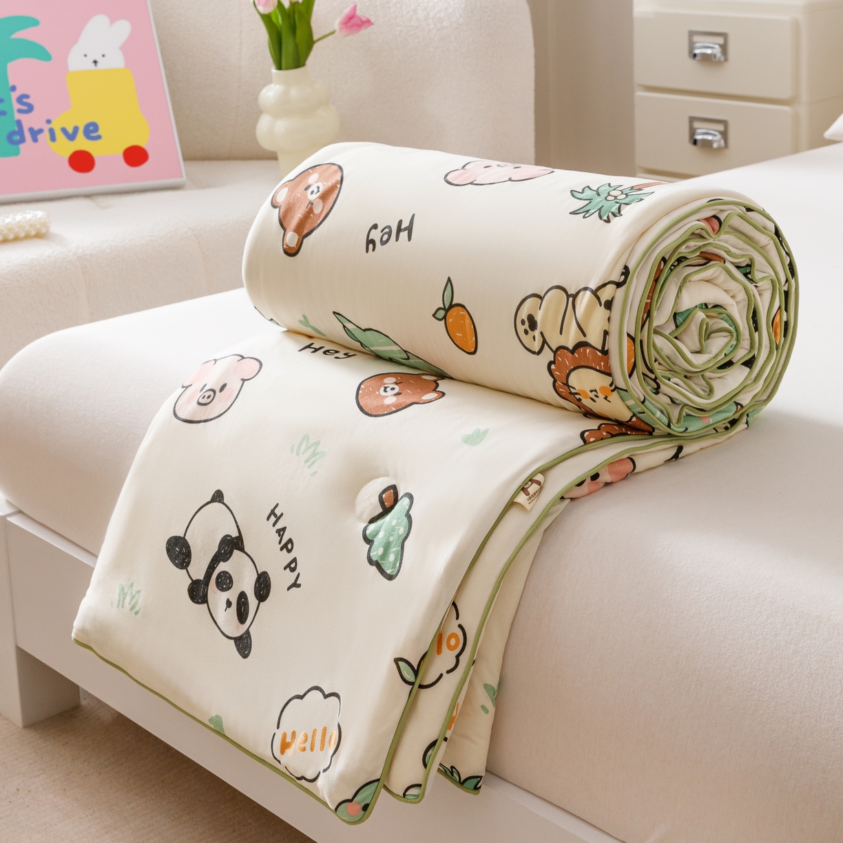 91家纺网 家纺一手货源 找家纺 优被业 2025新款A类牛奶丝针织棉夏被20%大豆(四周踩棉)软糯夏凉被空调被 动物园