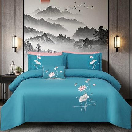 浩情国际婚庆供货中心 2026新款100支全棉高端刺绣中式风四件套--好运连连系列 好运连连-孔雀绿