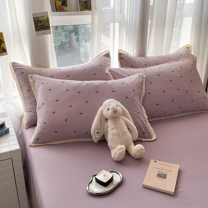 91家纺网 家纺一手货源 找家纺 仟网汇 2025新款韩版镂空花边针织双层纱四件套 可颂紫