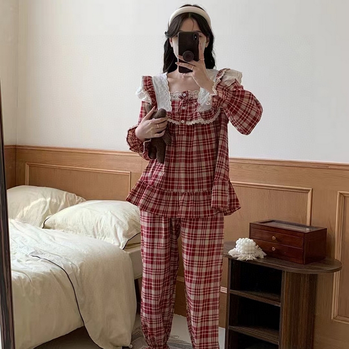 91家纺网 家纺一手货源 找家纺 （总）妍景家居生活馆 2025新款韩系色织棉格子套装酒红