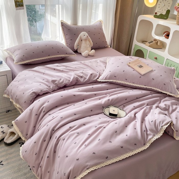 91家纺网 家纺一手货源 找家纺 仟网汇 2025新款韩版镂空花边针织双层纱四件套 可颂紫