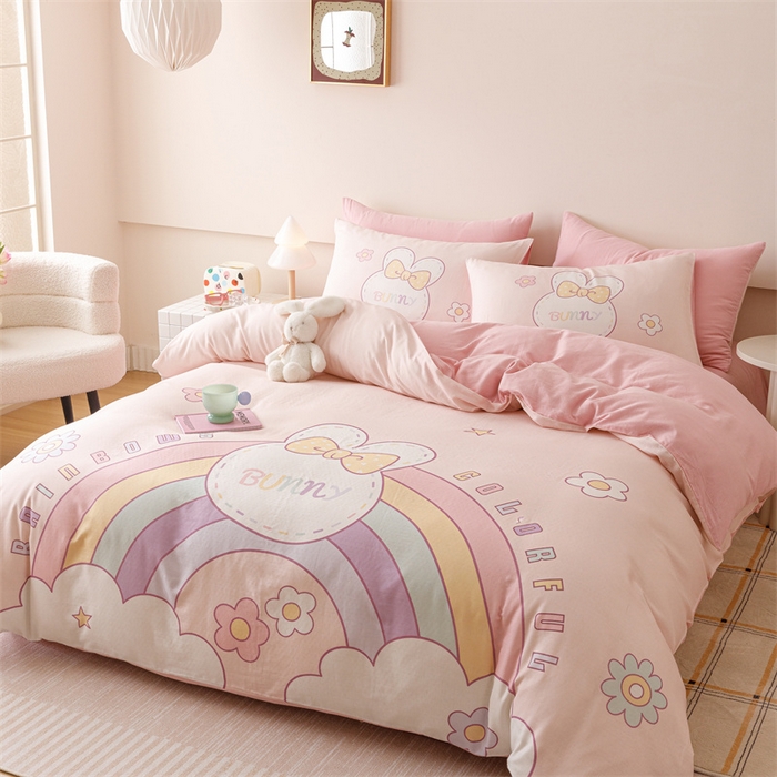 91家纺网 家纺一手货源 找家纺 馨语家居 2025新款全棉双层纱四件套 彩虹兔