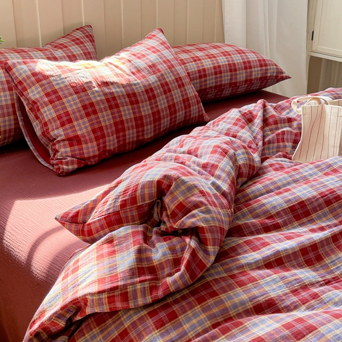 91家纺网 家纺一手货源 找家纺 （总）萝莉家纺 2025新款复古全棉A类色织双层纱皱皱纱格子四件套