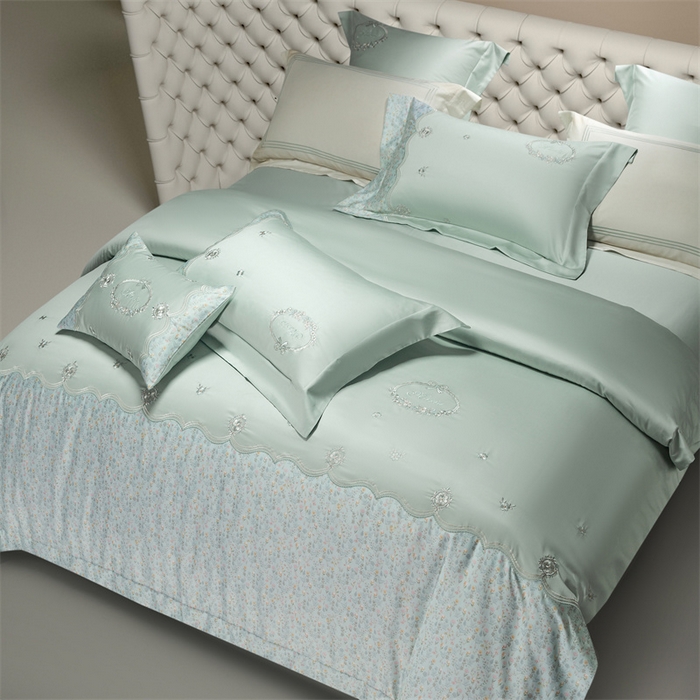 91家纺网 家纺一手货源 找家纺 高大尚婚庆馆 2025新款艾能棉高端绣花四件套-巴黎甜心 巴黎甜心-清新绿