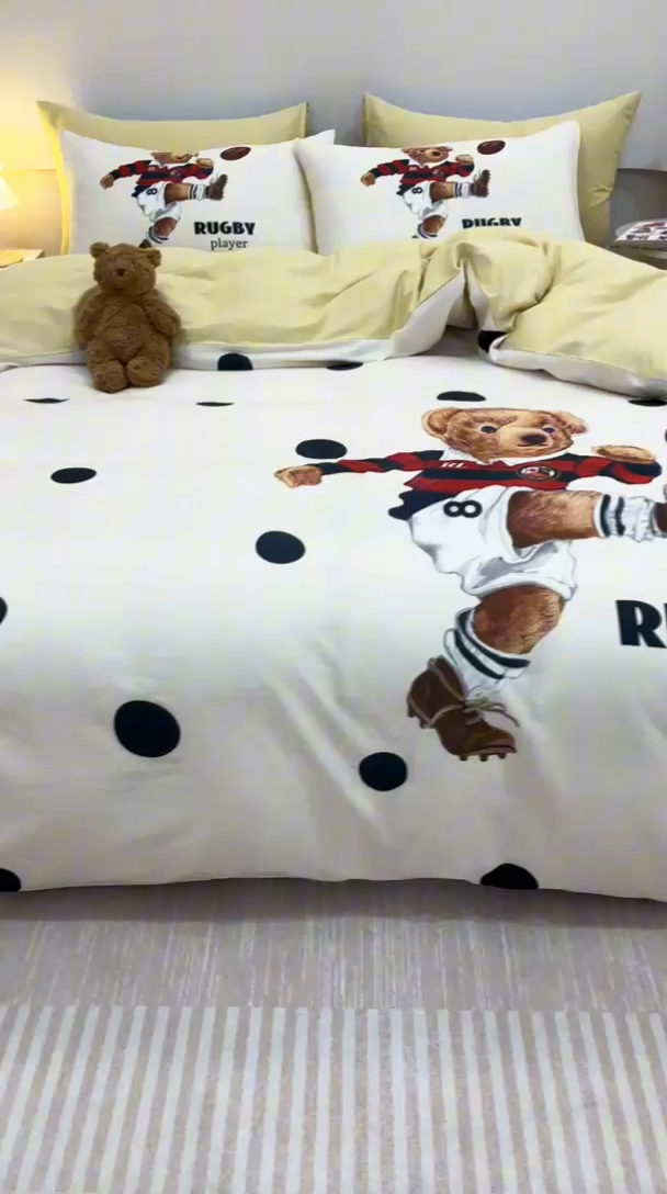 91家纺网 家纺一手货源 找家纺 馨语家居 2025新款全棉双层纱四件套 熊熊乐园