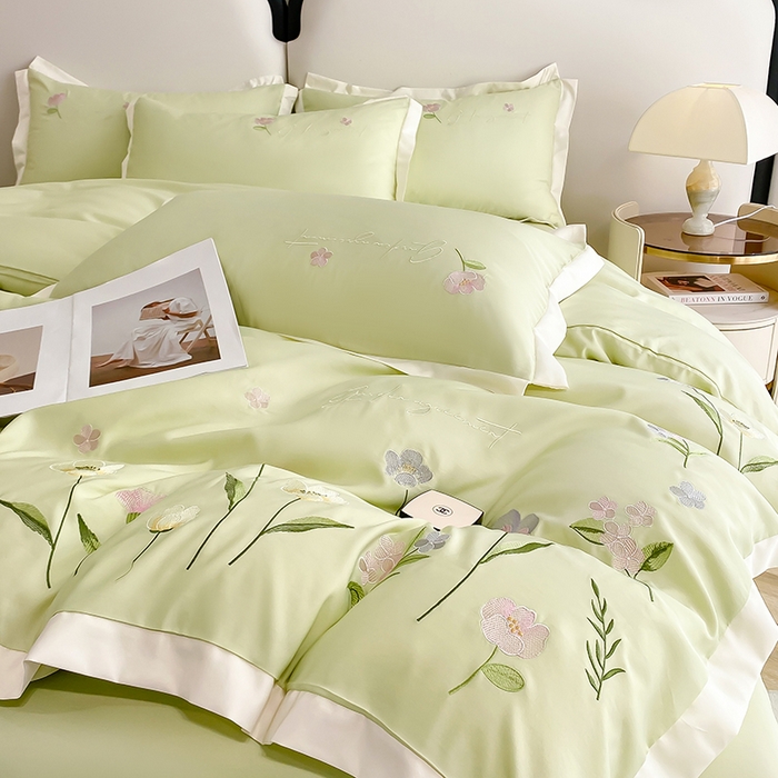 91家纺网 家纺一手货源 找家纺 狂想家 2025亲肤棉重工刺绣系列四件套-花海 花海浅绿