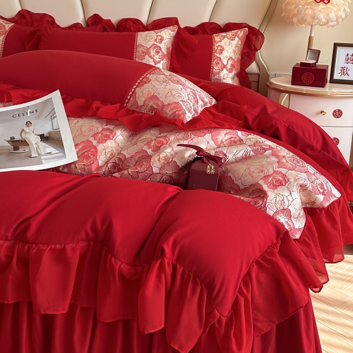 91家纺网 家纺一手货源 找家纺 富盛家纺2025新款婚庆亲肤棉磨毛刺绣四件套 喜庆—月光恋人