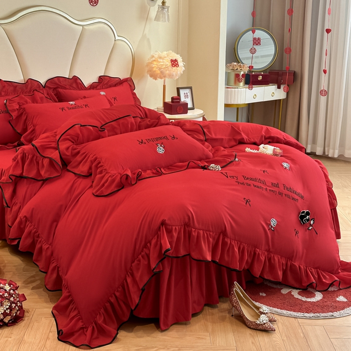 91家纺网 家纺一手货源 找家纺 富盛家纺2025新款婚庆亲肤棉磨毛刺绣四件套 喜庆—茹意