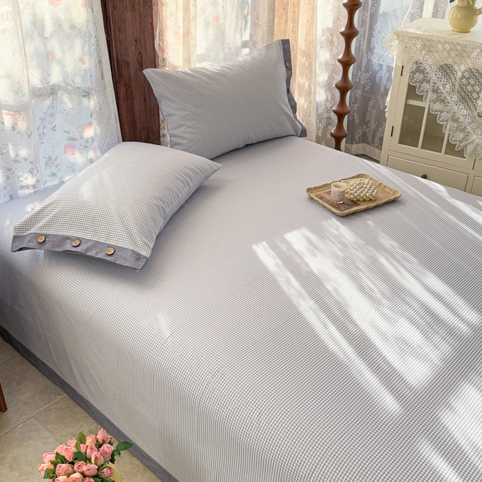 91家纺网 家纺一手货源 找家纺 简宜家居 2025新款宽边纯棉全棉老粗布床单 千鸟格-蓝宽边