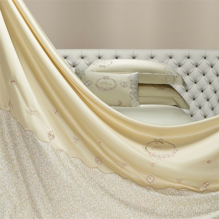 91家纺网 家纺一手货源 找家纺 高大尚婚庆馆 2025新款艾能棉高端绣花四件套-巴黎甜心 巴黎甜心-奶昔黄