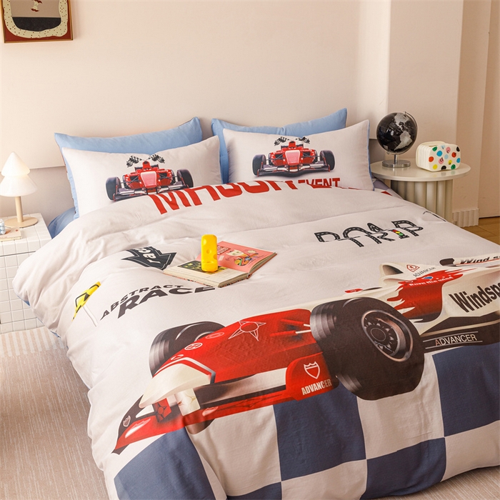 91家纺网 家纺一手货源 找家纺 馨语家居 2025新款全棉双层纱四件套 赛车世界