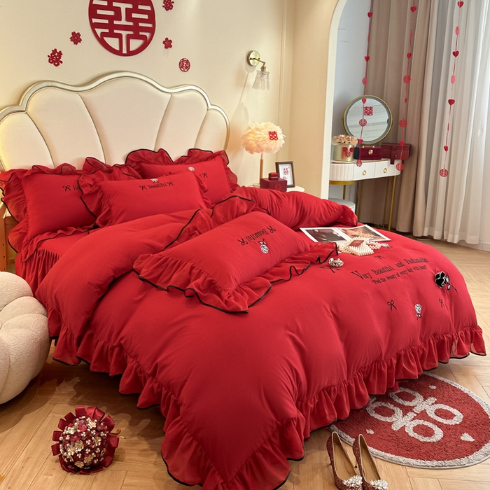 91家纺网 家纺一手货源 找家纺 富盛家纺2025新款婚庆亲肤棉磨毛刺绣四件套 喜庆—茹意