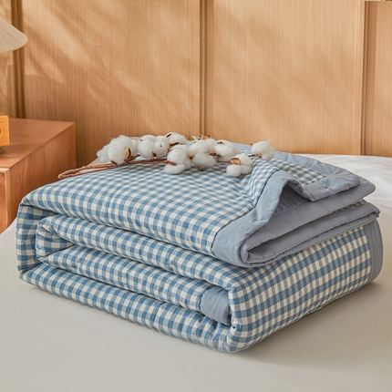 猎鹿人家纺2025新款A类无印风水洗棉新疆棉花夏被 蓝小格