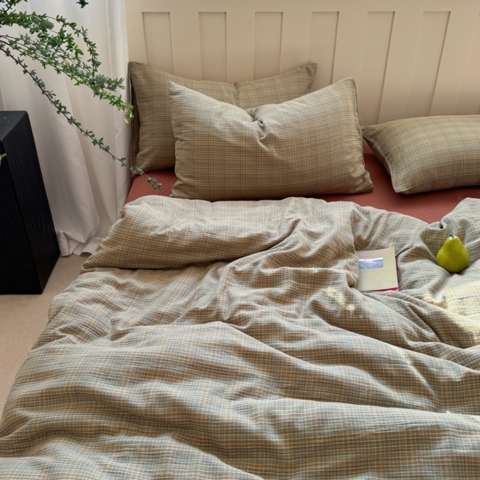 91家纺网 家纺一手货源 找家纺 萝莉家纺 2025新款复古全棉A类色织双层纱皱皱纱格子四件套 浮生湖蓝