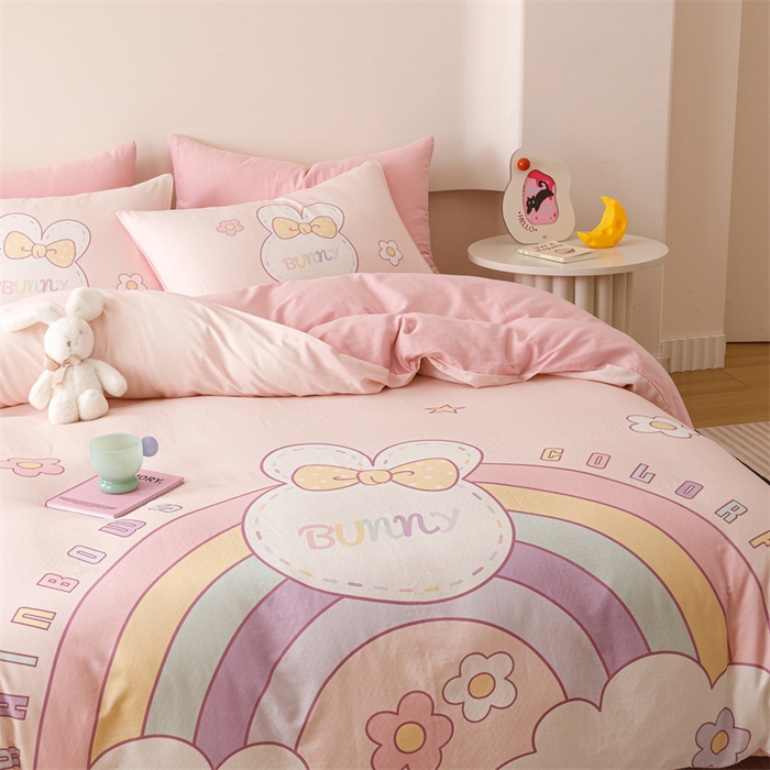 91家纺网 家纺一手货源 找家纺 馨语家居 2025新款全棉双层纱四件套 彩虹兔