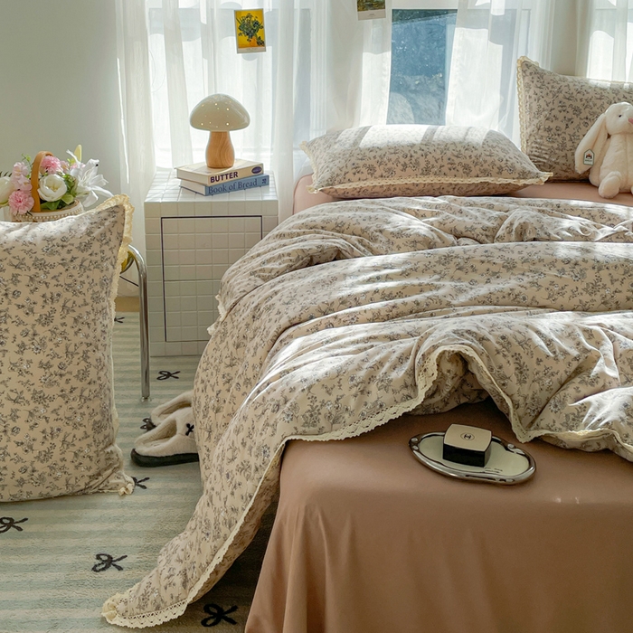 91家纺网 家纺一手货源 找家纺 仟网汇 2025新款韩版镂空花边针织双层纱四件套 茶野