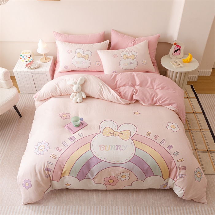 91家纺网 家纺一手货源 找家纺 馨语家居 2025新款全棉双层纱四件套 彩虹兔