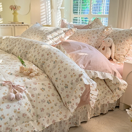 艾唯希家纺 2025新款韩式全棉蝴蝶结工艺四件套纯棉公主风花边系列 白桃汽水-咖