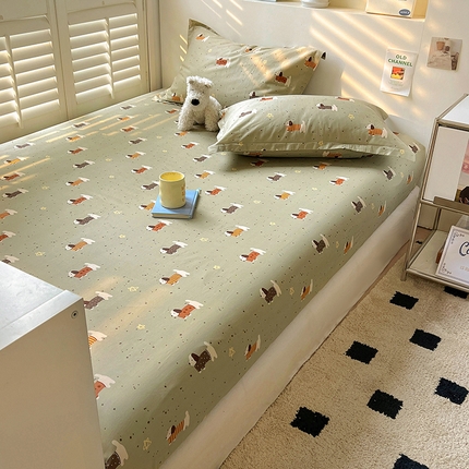 91家纺网 家纺一手货源 找家纺 百寐2025新款全棉13372床笠被套单品枕套三四件套学生组合加大单件-单床笠单床单 星星狗