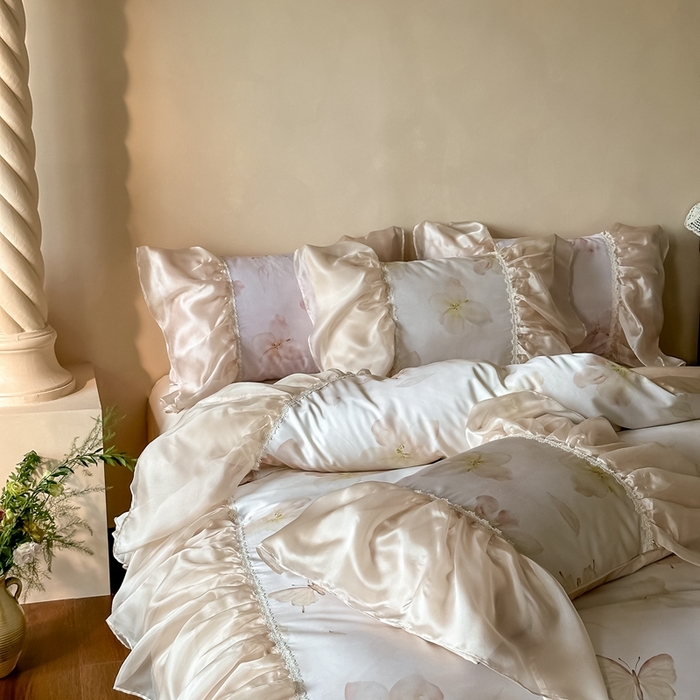 91家纺网 家纺一手货源 找家纺 佳汐蓝家纺 2025新款100支澳棉四件套-蝶恋花 香槟色