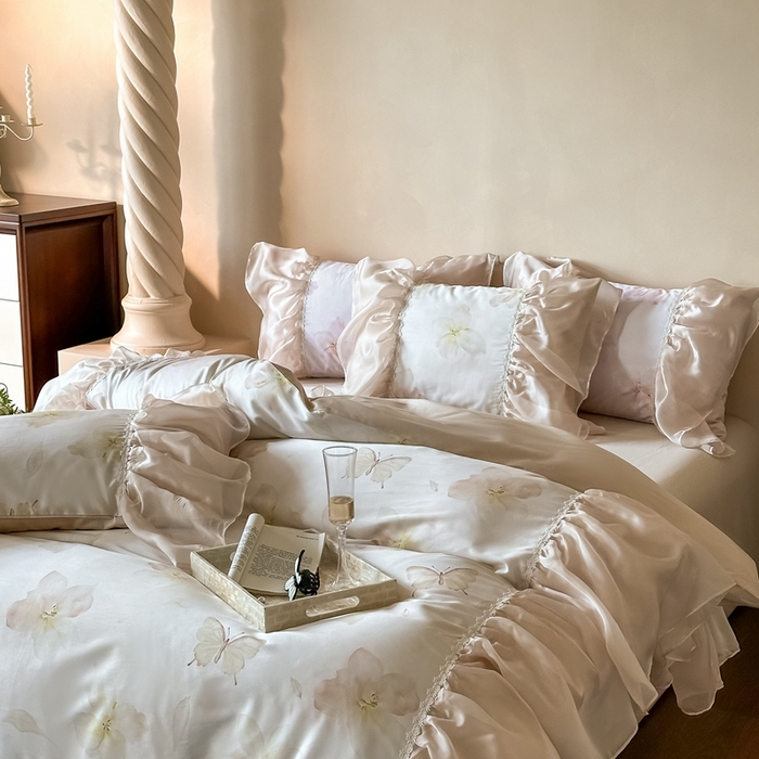 91家纺网 家纺一手货源 找家纺 佳汐蓝家纺 2025新款100支澳棉四件套-蝶恋花 香槟色