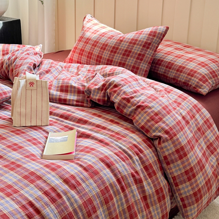 91家纺网 家纺一手货源 找家纺 （总）萝莉家纺 2025新款复古全棉A类色织双层纱皱皱纱格子四件套