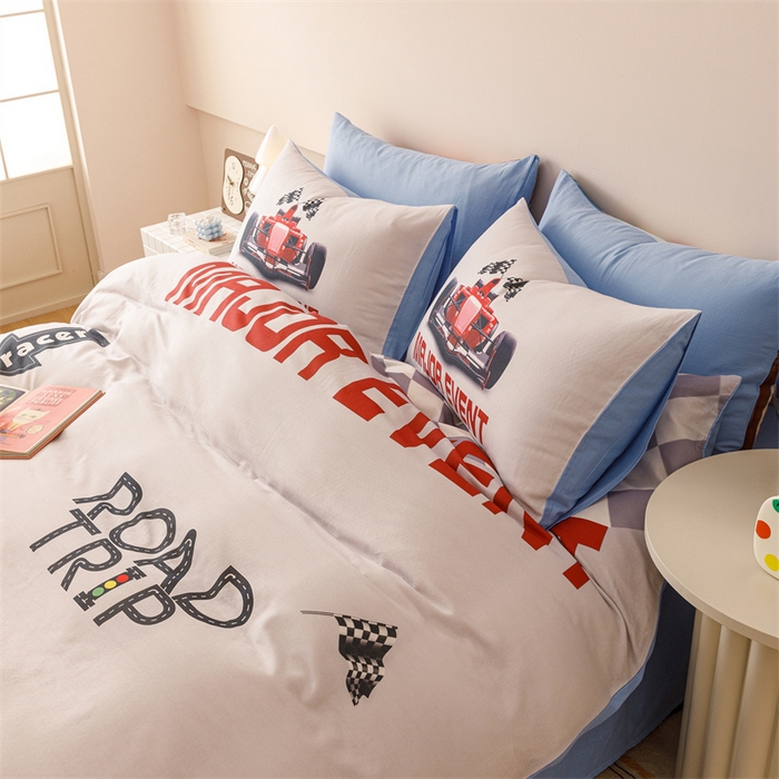 91家纺网 家纺一手货源 找家纺 馨语家居 2025新款全棉双层纱四件套 赛车世界