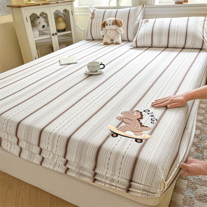 91家纺网 家纺一手货源 找家纺 笙意家纺2025新款全棉老粗布单床笠 滑板恐龙