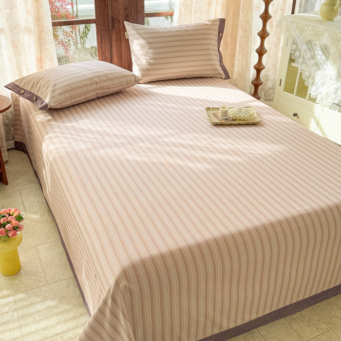 91家纺网 家纺一手货源 找家纺 简宜家居 2025新款宽边纯棉全棉老粗布床单 疏条-暖棕宽边