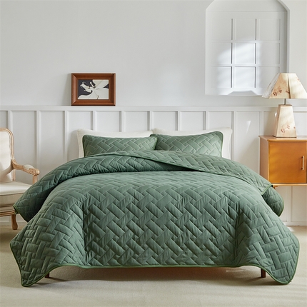 91家纺网 家纺一手货源 找家纺 温宁家纺 2025新款长方格床盖三件套 国外薄被 长方格-绿色