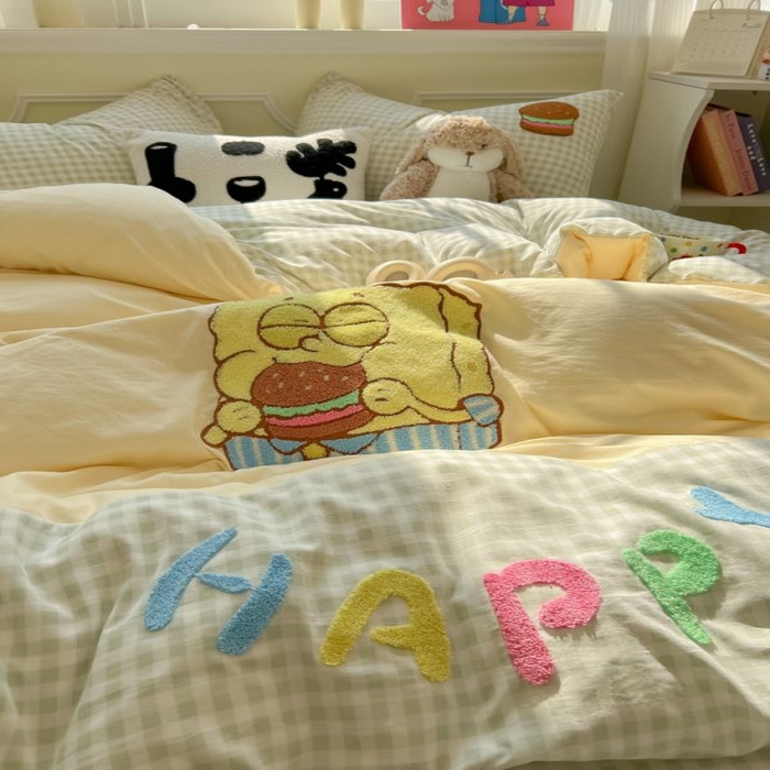 91家纺网 家纺一手货源 找家纺 （总）子钦家纺 2025春夏新款云朵棉拼接毛巾绣卡通床单床笠四件套