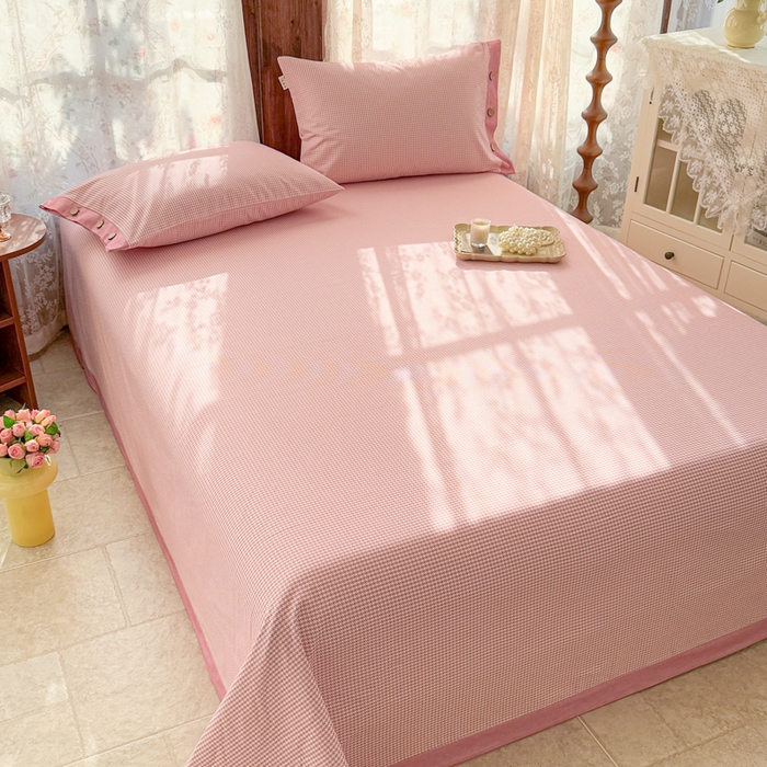 91家纺网 家纺一手货源 找家纺 简宜家居 2025新款宽边纯棉全棉老粗布床单 千鸟格-粉桃宽边