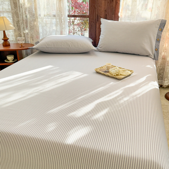91家纺网 家纺一手货源 找家纺 简宜家居 2025新款宽边纯棉全棉老粗布床单 条纹-灰咖宽边