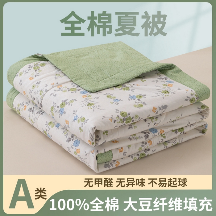 91家纺网 家纺一手货源 找家纺 鑫棉坊 2025新款A类全棉印花大豆纤维空调被大豆被 斐叶花影-绿