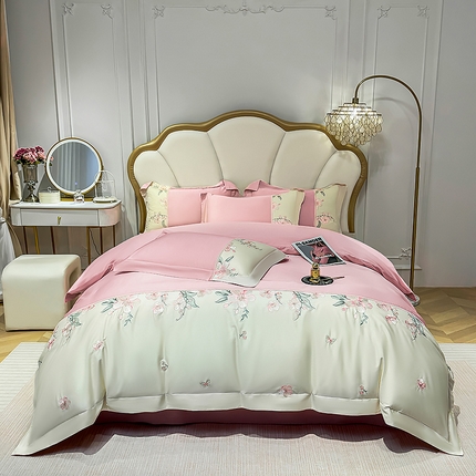 宅家居 2025轻奢法式小香风双面纯棉刺绣拼接款长绒棉四件套-樱花恋 樱花粉