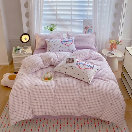 大麦乐田2025新款四季亲肤可爱柔软毛巾绣四件套-彩格乐园系列 心心 紫