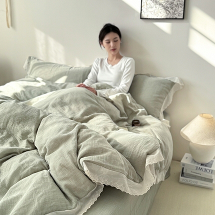 91家纺网 家纺一手货源 找家纺 （总）九沐良品 2025新款全棉双层皱皱沙纯色四件套--安娜