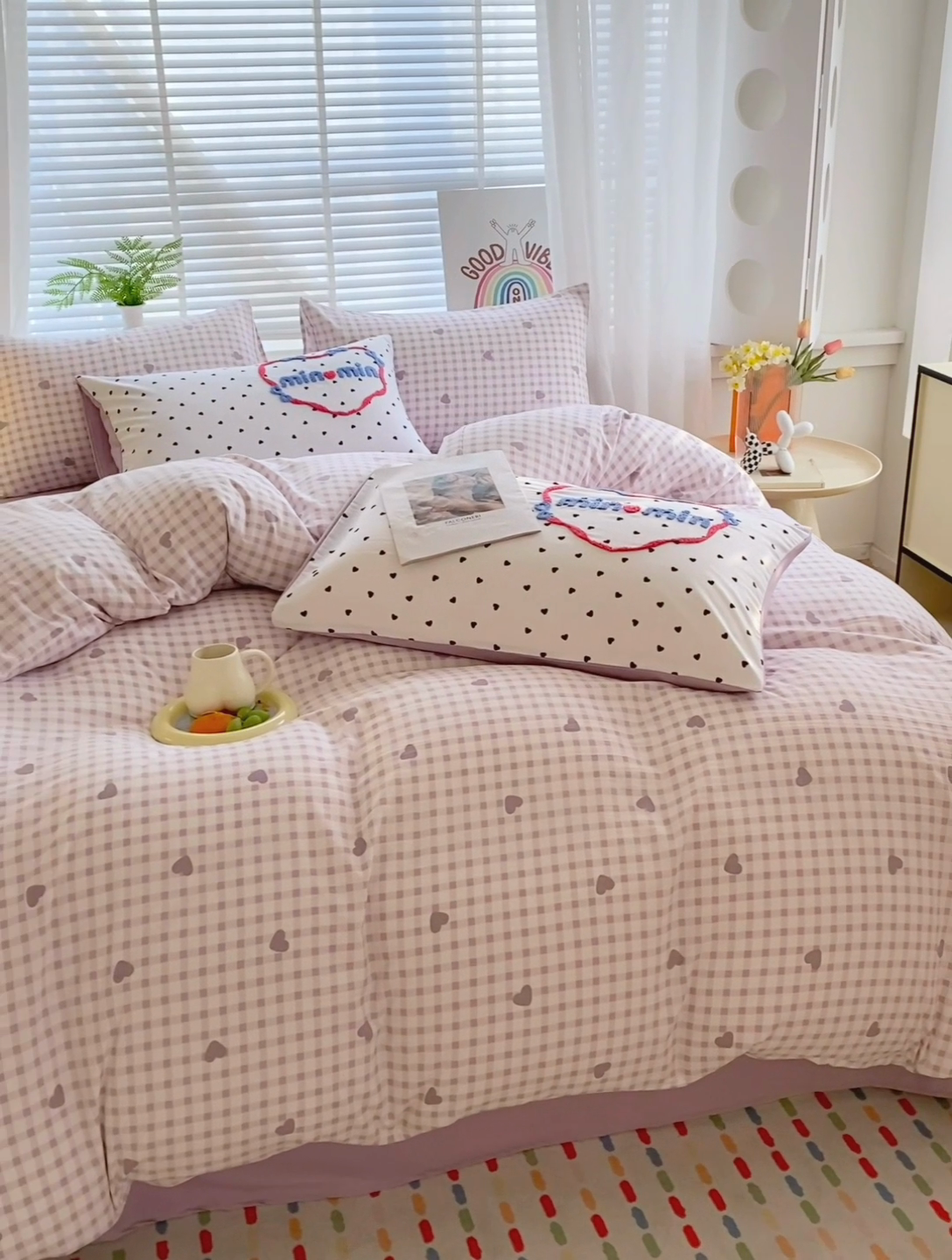 91家纺网 家纺一手货源 找家纺 大麦乐田2025新款四季亲肤可爱柔软毛巾绣四件套-彩格乐园系列 心心 紫