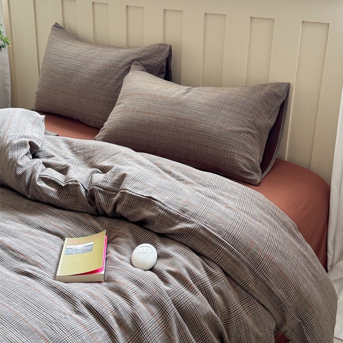 91家纺网 家纺一手货源 找家纺 萝莉家纺 2025新款复古全棉A类色织双层纱皱皱纱格子四件套 浮生咖韵