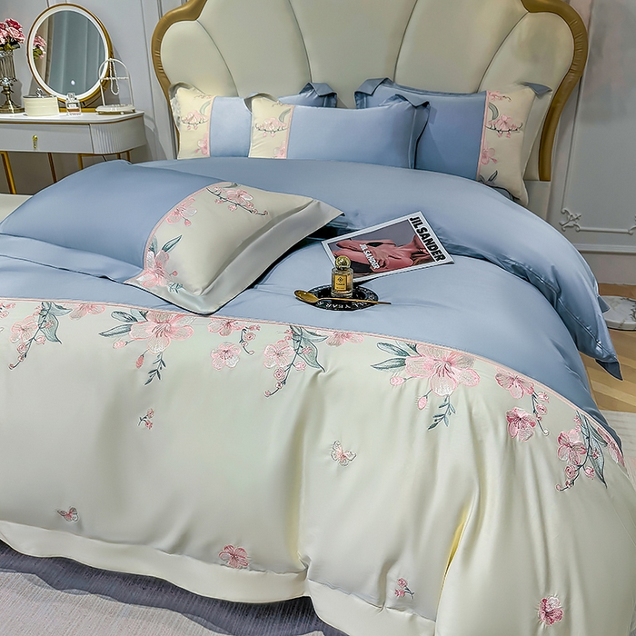 91家纺网 家纺一手货源 找家纺 宅家居 2025轻奢法式小香风双面纯棉刺绣拼接款长绒棉四件套-樱花恋 繁星蓝