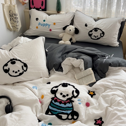 花伞家居 2025新款精灵水洗棉毛巾绣四件套含买家秀 星星汪-白深灰